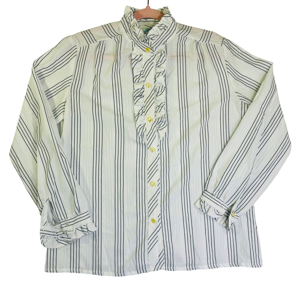 Lady Holiday Vintage Ruffle Neck Striped Blouse White Black Long Sleeve Top